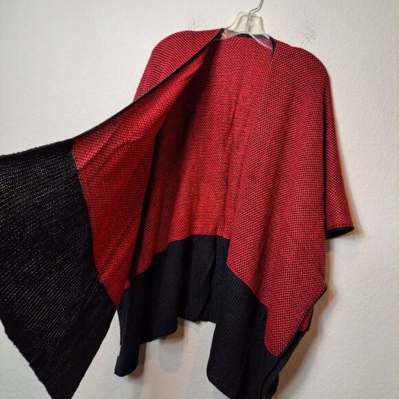 Kollie More Poncho Shawl Wrap Colorblock Autumn Open Front One-Size Red Black - Picture 9 of 12